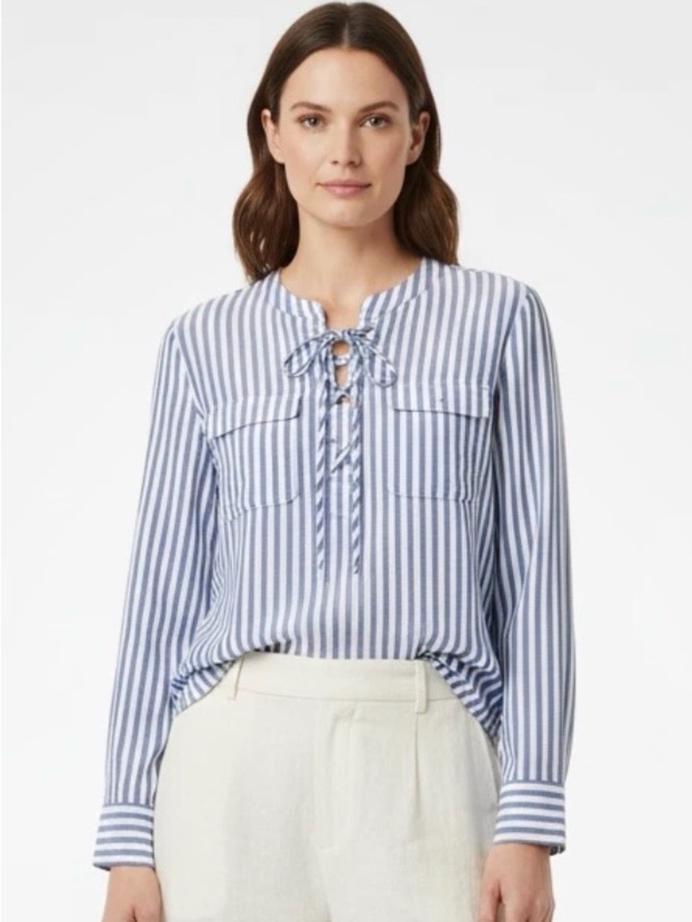 Talbots Pullover Blouse White & Blue Stripe Long Sleeve 100% Cotton. Medium